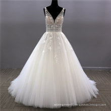 Korean Style V-Neck Lace Tank Sleeveless Floral Print Ball Gown Wedding Dress